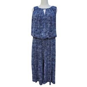Roz & Ali 1X Navy Abstract Print Wide Leg Jumpsuit Pockets Elastic Waist